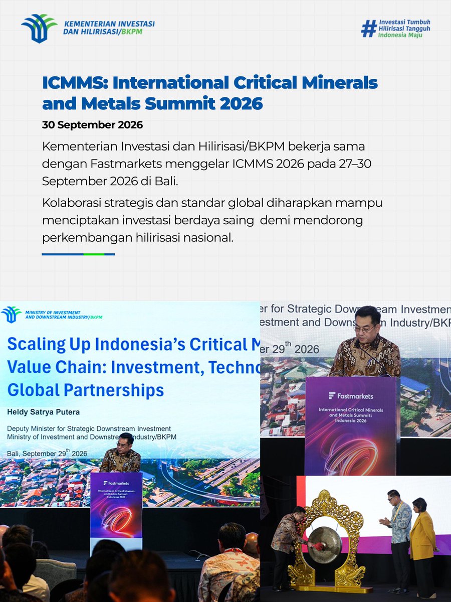 bkpm's tweet photo. Melalui ICMMS 2026 &amp; Hari Kesaktian Pancasila, kami perkuat diplomasi hilirisasi global yang selaras dengan nilai luhur bangsa.

**

Through ICMMS 2026 &amp; Pancasila Sanctity Day, we strengthen global downstream diplomacy aligned with national values. https://t.co/6uC5eilFeL