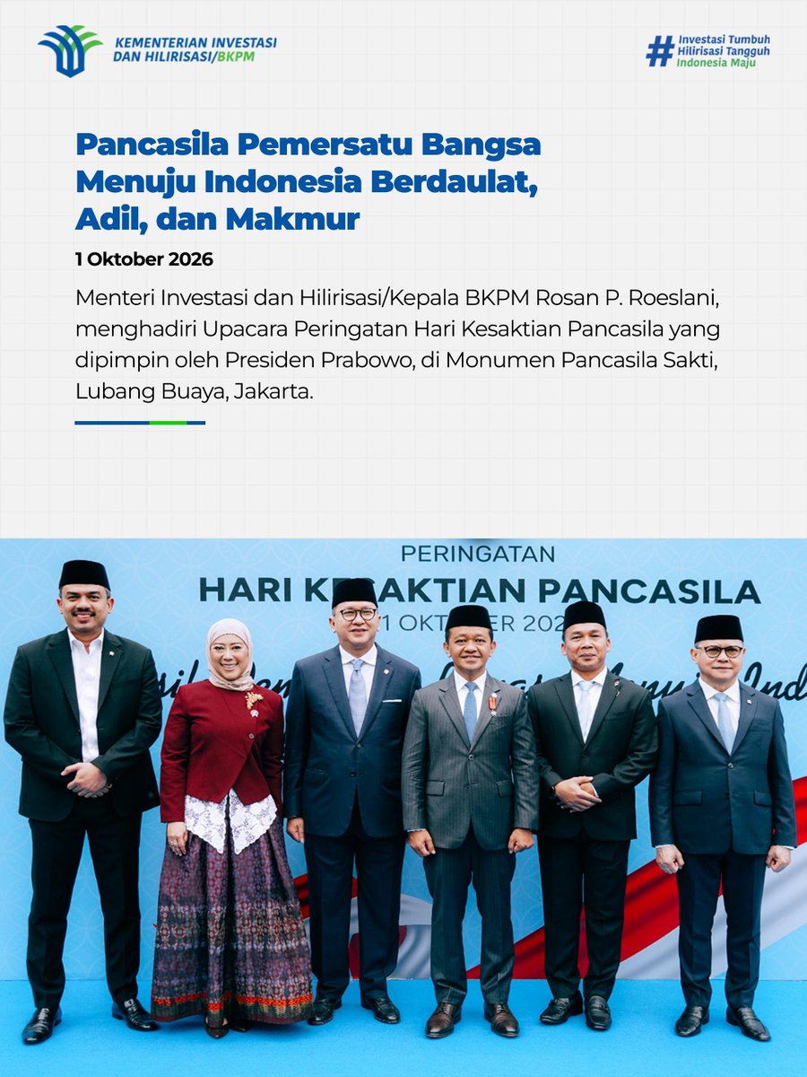 bkpm's tweet photo. Melalui ICMMS 2026 &amp; Hari Kesaktian Pancasila, kami perkuat diplomasi hilirisasi global yang selaras dengan nilai luhur bangsa.

**

Through ICMMS 2026 &amp; Pancasila Sanctity Day, we strengthen global downstream diplomacy aligned with national values. https://t.co/6uC5eilFeL
