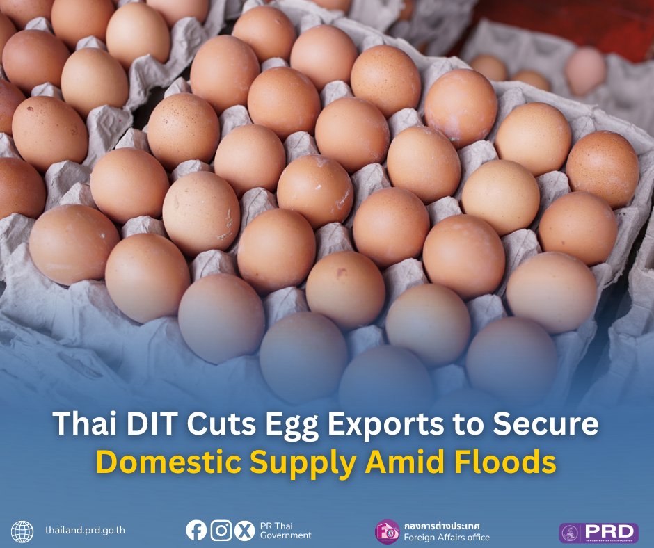 prdthailand's tweet photo. Thailand's Department of Internal Trade is asking farms to cut egg exports by 30-50% &amp; extend hens' laying lifespans, securing about 12M eggs daily amid the floods. Prices stay steady, retail stocks are boosted &amp; military logistics stand by. Report price gouging to 1569. https://t.co/rr4D1jdL2X
