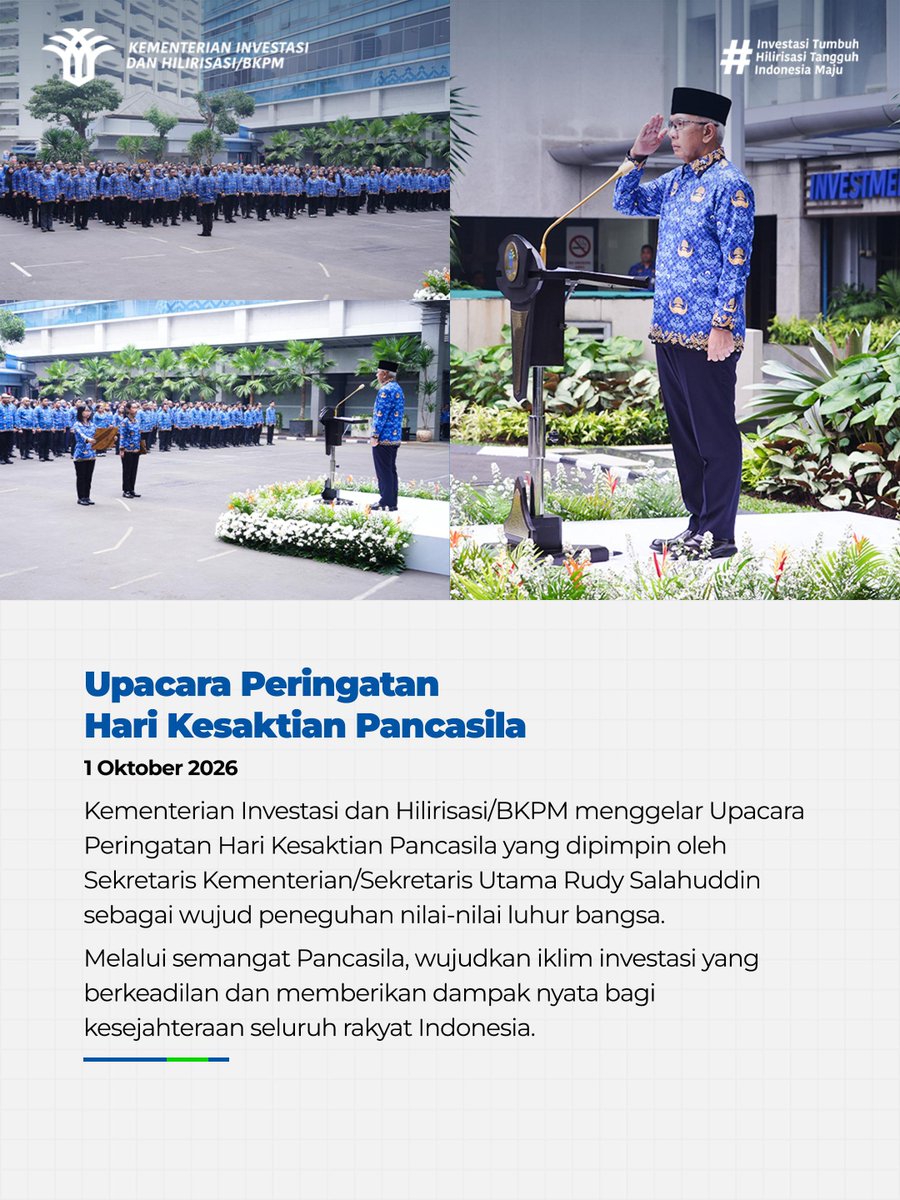 bkpm's tweet photo. Melalui ICMMS 2026 &amp; Hari Kesaktian Pancasila, kami perkuat diplomasi hilirisasi global yang selaras dengan nilai luhur bangsa.

**

Through ICMMS 2026 &amp; Pancasila Sanctity Day, we strengthen global downstream diplomacy aligned with national values. https://t.co/6uC5eilFeL