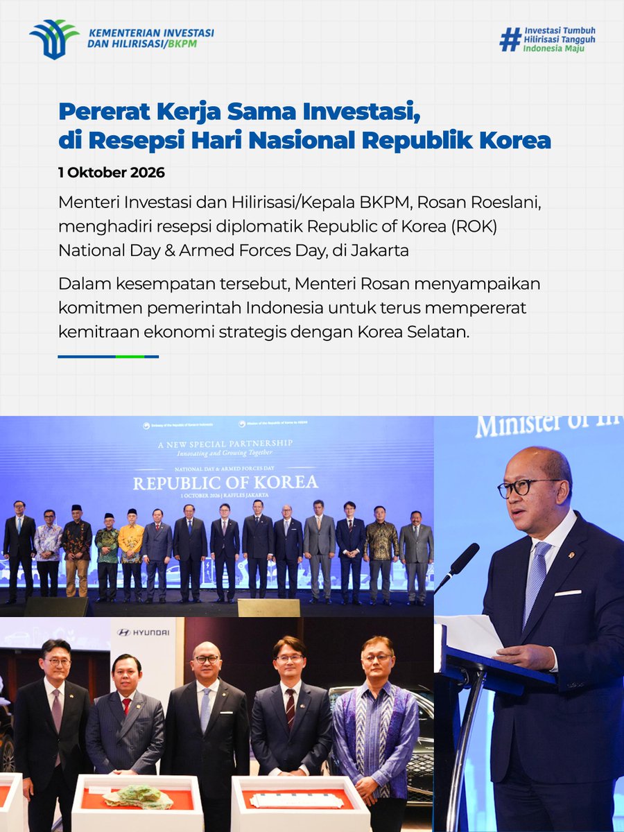 bkpm's tweet photo. Hadiri pelantikan Kabinet Merah Putih, resepsi Korea Selatan, hingga Hari Batik demi ekosistem investasi tangguh &amp; inklusif!

**

Attending Merah Putih Cabinet inauguration, ROK reception, &amp; National Batik Day for a resilient &amp; inclusive investment ecosystem! https://t.co/klqnfCEImz