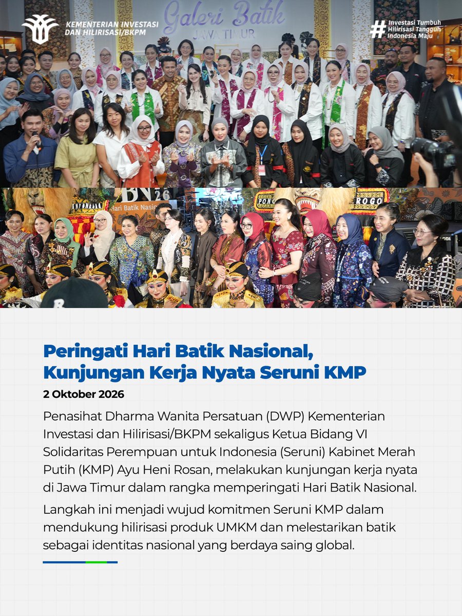 bkpm's tweet photo. Hadiri pelantikan Kabinet Merah Putih, resepsi Korea Selatan, hingga Hari Batik demi ekosistem investasi tangguh &amp; inklusif!

**

Attending Merah Putih Cabinet inauguration, ROK reception, &amp; National Batik Day for a resilient &amp; inclusive investment ecosystem! https://t.co/klqnfCEImz