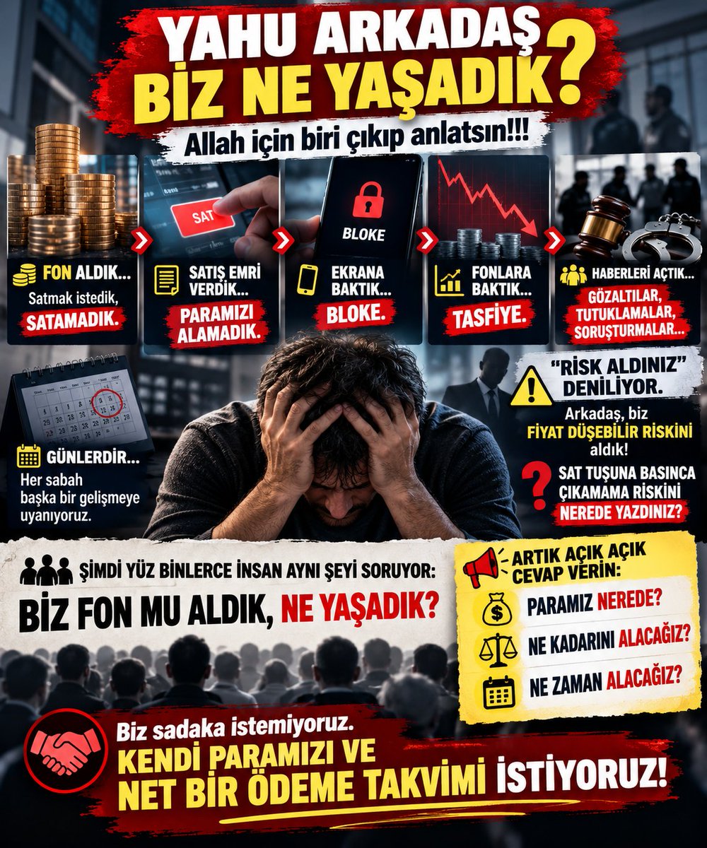 FonAdalet's tweet photo. 🚨 YAHU ARKADAŞ BİZ NE YAŞADIK?

Allah için biri çıkıp anlatsın!!!

💰 FON ALDIK…
Satmak istedik, SATAMADIK.

📤 SATIŞ EMRİ VERDİK…
PARAMIZI ALAMADIK.

📱 EKRANA BAKTIK…
BLOKE.

📉 FONLARA BAKTIK…
TASFİYE.

🚔 HABERLERİ AÇTIK…
GÖZALTILAR, TUTUKLAMALAR, SORUŞTURMALAR…

⏳ GÜNLERDİR…
Her sabah başka bir gelişmeye uyanıyoruz.

⚠️ BİR DE “RİSK ALDINIZ” DENİLİYOR.

Arkadaş, biz FİYAT DÜŞEBİLİR RİSKİNİ aldık!

🚪 SAT TUŞUNA BASINCA ÇIKAMAMA RİSKİNİ NEREDE YAZDINIZ?

👥 ŞİMDİ YÜZ BİNLERCE İNSAN AYNI ŞEYİ SORUYOR:

BİZ FON MU ALDIK, NE YAŞADIK?

📢 ARTIK AÇIK AÇIK CEVAP VERİN:

💰 PARAMIZ NEREDE?
⚖️ NE KADARINI ALACAĞIZ?
📅 NE ZAMAN ALACAĞIZ?

🤝 Biz sadaka istemiyoruz.

KENDİ PARAMIZI VE NET BİR ÖDEME TAKVİMİ İSTİYORUZ!

#AnaParaÖdemeTakvimi #SPKTMVFonunuDuy 🚨