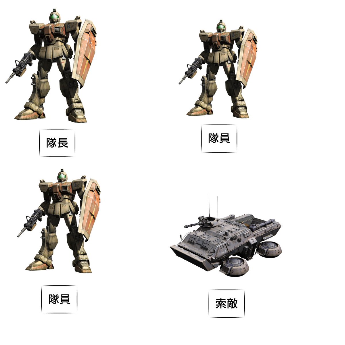 OSADAYOSUNSPACY's tweet photo. 地球連邦軍地上部隊のＭＳ小隊の基本編成

ＭＳ×３ 索敵×１ 

と言うのが０８小隊 コロ落ち ガンダム戦記とかでよく見られる編成。 https://t.co/aJwmL2u1st