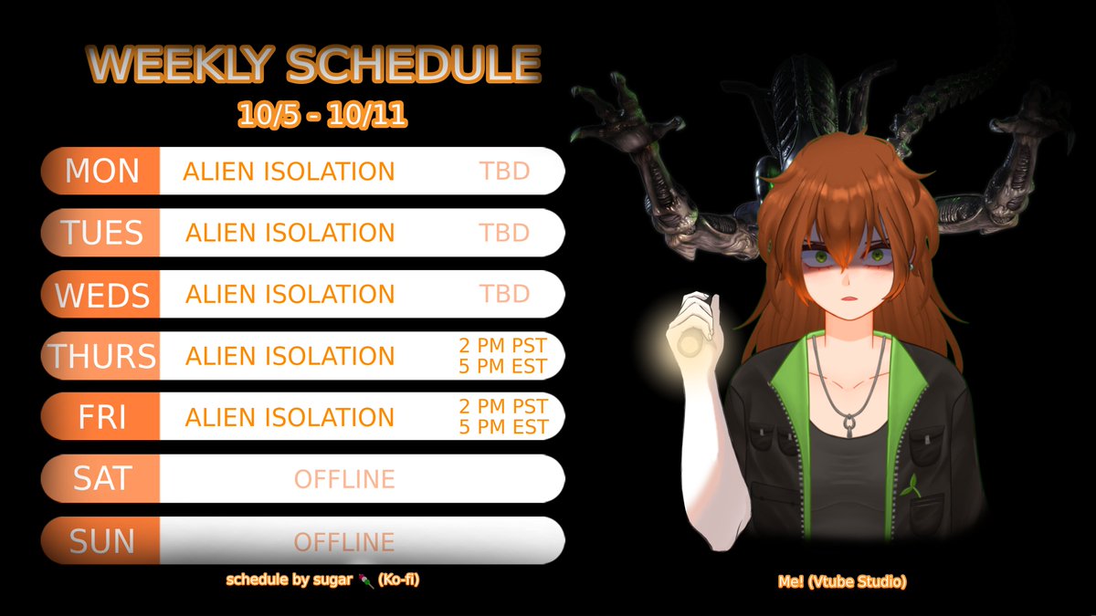 _luckyamulet_'s tweet photo. You all voted for this week~
AND GUESS WHAT !!!
We're doing a full week of 👽 ALIEN ISOLATION 👽 !!!
⬇️
(Times may change at any point so keep a look out for updates here, Bluesky and on twitch!)
#vtuber #envtuber #horror #October #spookyseason #followthon #AlienIsolation https://t.co/av3lWAKCRP