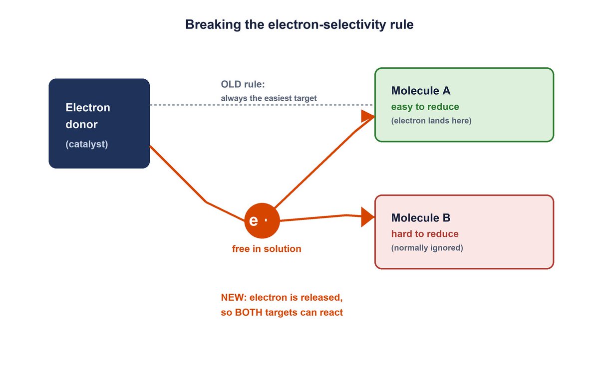 tbttaif's tweet photo. Electrons only jump to the best acceptor, like water poured into the widest cup. A new catalyst fills the whole solution instead, so every molecule catches one, breaking a decades-old selectivity rule. Source: Wickens group, UW-Madison, Nature (Aug 2026) #Chemistry #Catalysis https://t.co/ClqHfKxb2X