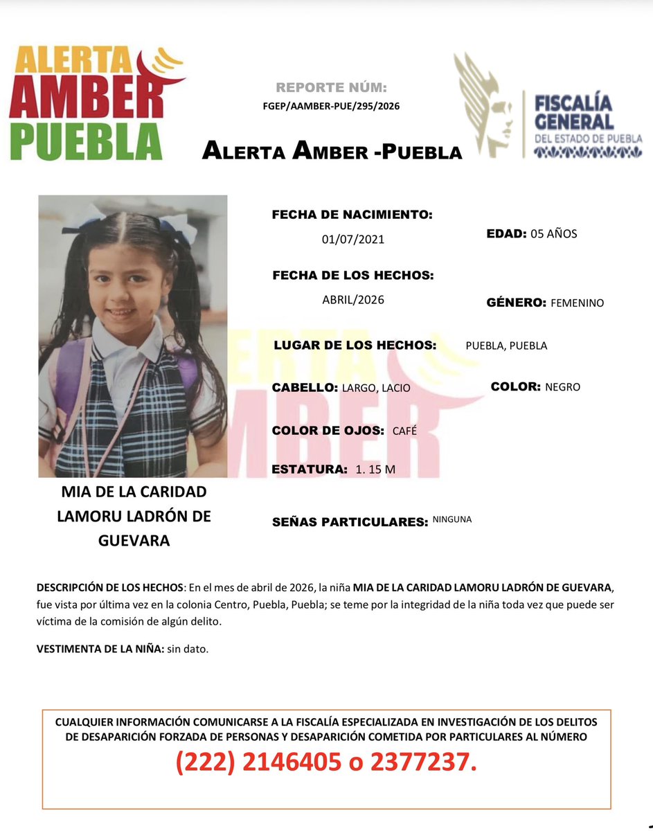 aamber_pue's tweet photo. #AlertaAmber | Solicitamos su apoyo para la búsqueda y localización de la niña MIA DE LA CARIDAD LAMORU LADRÓN DE GUEVARA, de 05 años de edad.

Fue vista por última vez en la colonia Centro, Puebla, Puebla. https://t.co/hmkn8MYUpE