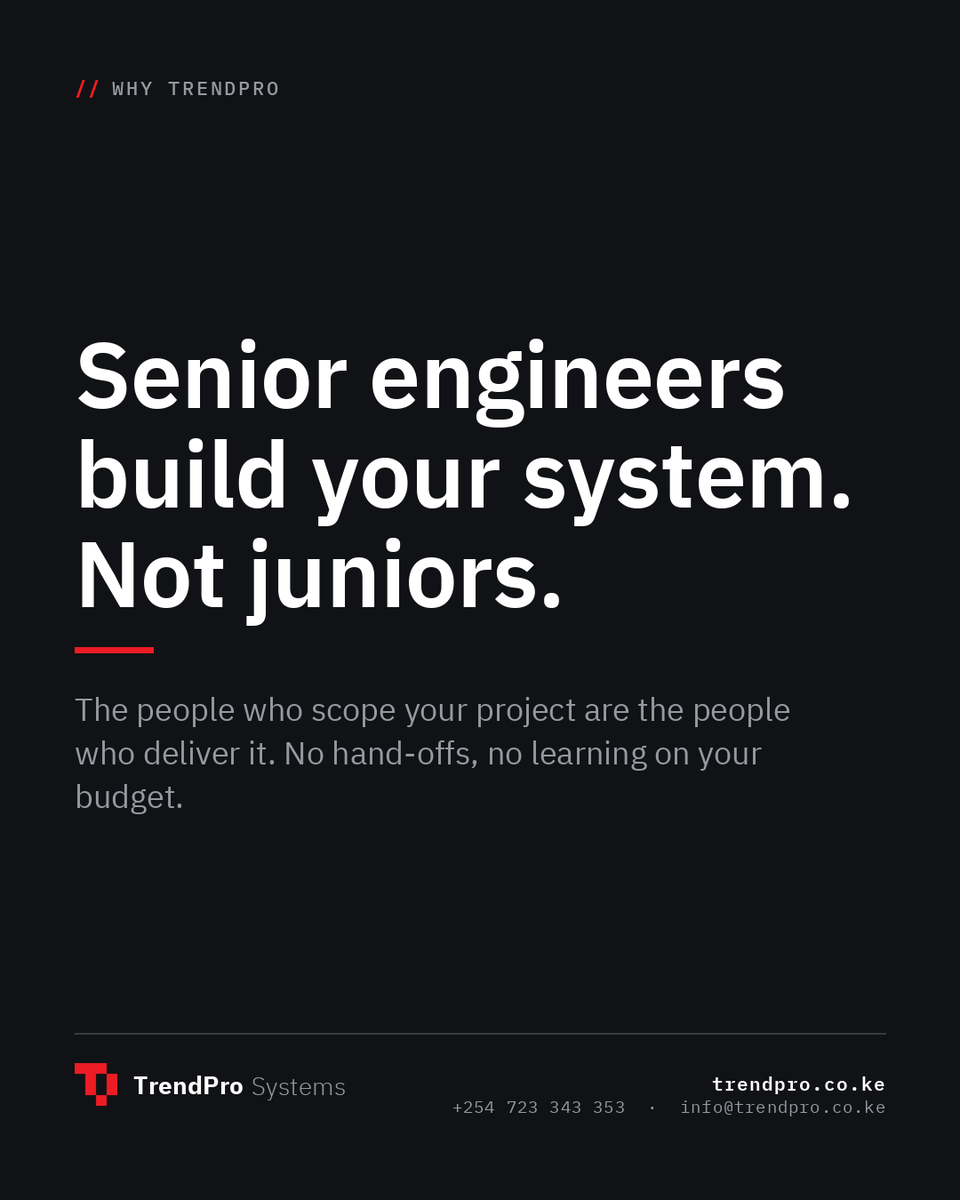 TrendPro_Kenya's tweet photo. Some firms send senior people to the pitch and juniors to the project. Here, the people who scope your system are the people who build it.

Check out our website via  https://t.co/TiToVEiZIN  and learn more

#webapps #microsoftdynamics365 #trendpro https://t.co/QuiaaBEimy
