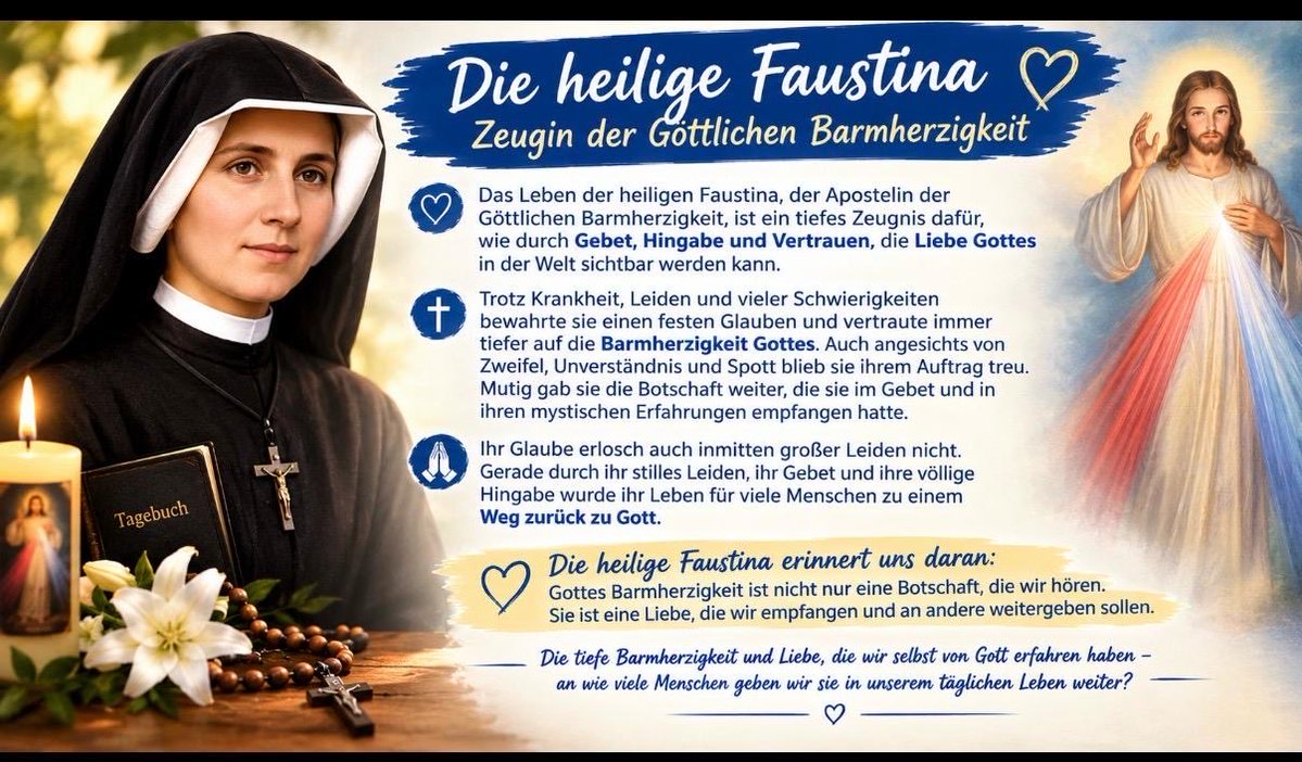 KathFokus's tweet photo. Tagesheiliger || Hl. Faustina Kowalska || Kathfokus
#HlFaustina
#Tagesheiliger #Kathfokus #PapstLeoXIV #Katholisch #Heiligen #Barmherzigkeit https://t.co/DjRvb4Z2y6