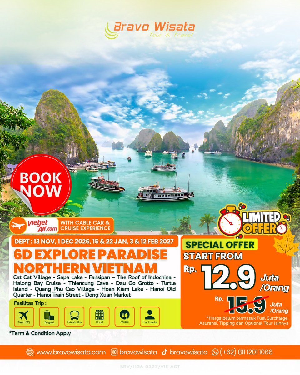 BrfnOz's tweet photo. NORTHERN VIETNAM SPECIAL OFFER mulai Rp12, 9 juta! Jelajahi Sapa, Fansipan, Halong Bay, dan Hanoi dalam satu trip nyaman. Keberangkatan Nov 2026-Feb 2027. Seat promo terbatas, chat Minvo untuk itinerary dan availability. https://t.co/OKIPprKvg5