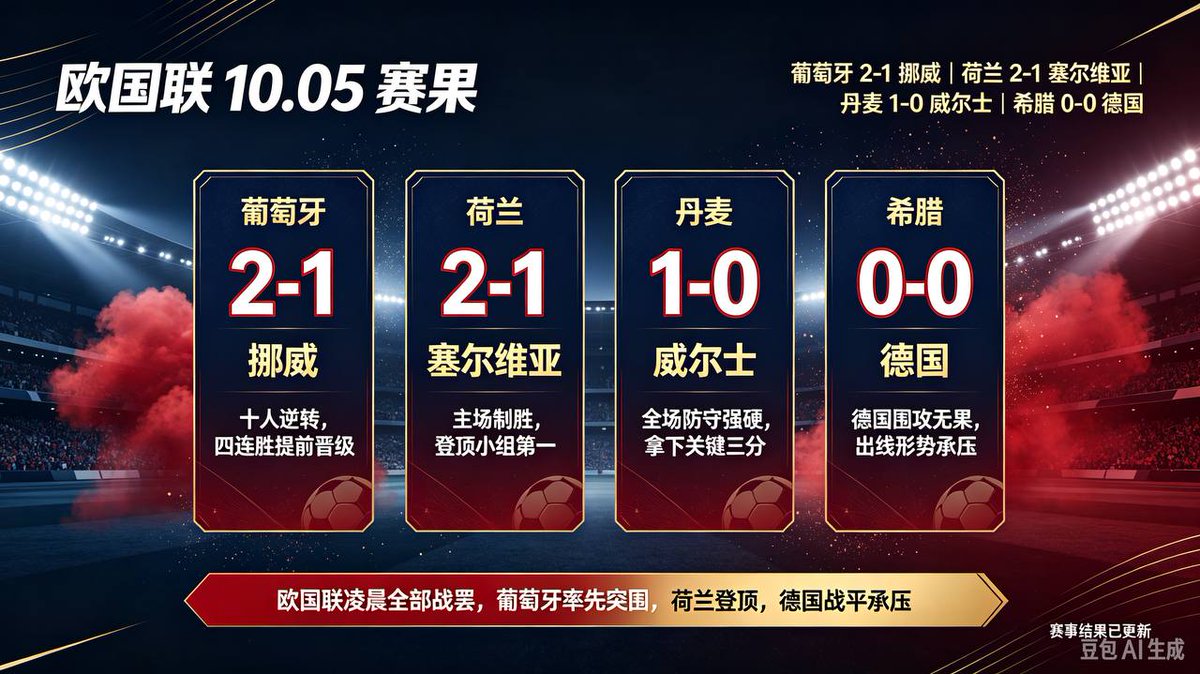 ProudMumaUK's tweet photo. #欧国联 #葡萄牙 #C罗 #足球 #东南亚扶手 #云博体育
欧国联北京时间10‑05凌晨 A级完整赛果
1  葡萄牙 2‑1 挪威  葡萄牙豪取4连胜
2 丹麦 1‑0 威尔士
3 荷兰 2‑1 塞尔维亚 荷兰登顶小组第一
4 希腊 0‑0 德国
喜欢足球的可以点击https://t.co/gkIheoMGEG下载注册新用户首充100送100福利多多! https://t.co/XKq7J1YLcd