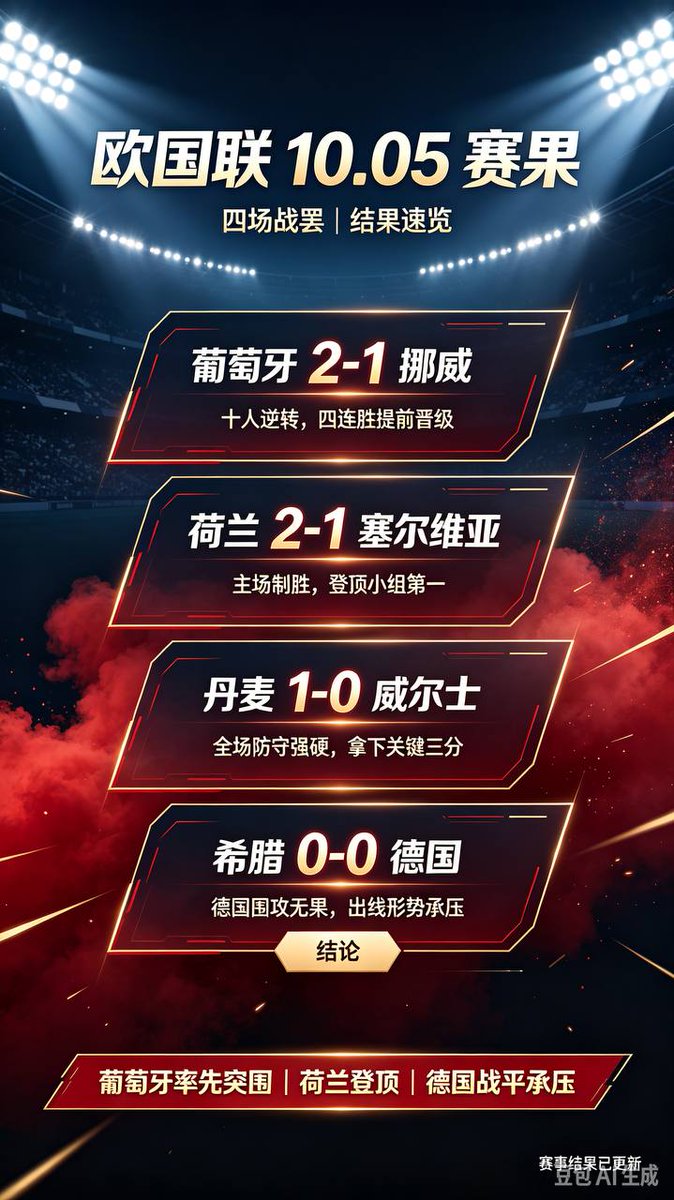 ProudMumaUK's tweet photo. #欧国联 #葡萄牙 #C罗 #足球 #东南亚扶手 #云博体育
欧国联北京时间10‑05凌晨 A级完整赛果
1  葡萄牙 2‑1 挪威  葡萄牙豪取4连胜
2 丹麦 1‑0 威尔士
3 荷兰 2‑1 塞尔维亚 荷兰登顶小组第一
4 希腊 0‑0 德国
喜欢足球的可以点击https://t.co/gkIheoMGEG下载注册新用户首充100送100福利多多! https://t.co/XKq7J1YLcd