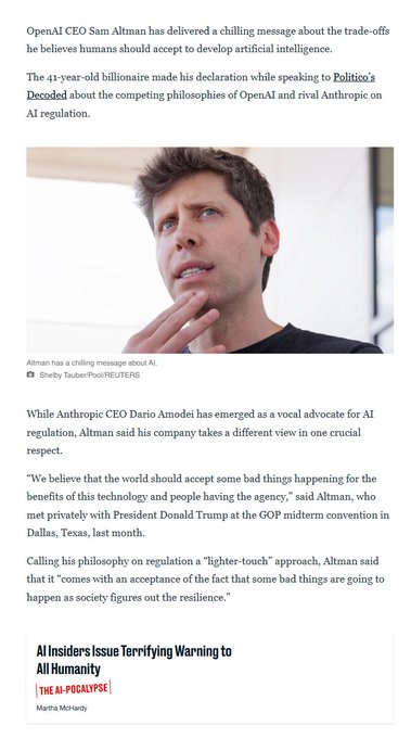 An article features a photo of OpenAI CEO Sam Altman with text discussing his warnings about AI development trade-offs and the differing philosophies between OpenAI and Anthropic on AI regulation.
