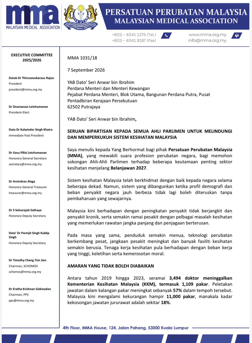 drarasu71's tweet photo. MMA on 7th Sept. ‘26 , has written individually to all 222 MPs, including the PMX @anwaribrahim , Opposition Leader @hamzahzainudin_ and Chairman of PAC Health  @suhaizankaiat , ahead of Budget 2027.

Our key ask is clear. Fund and retain the healthcare workforce.

KKM cannot solve this alone. MOF, JPA, MOHE and KKM must work together.

Health is not government or opposition. It affects every Malaysian.