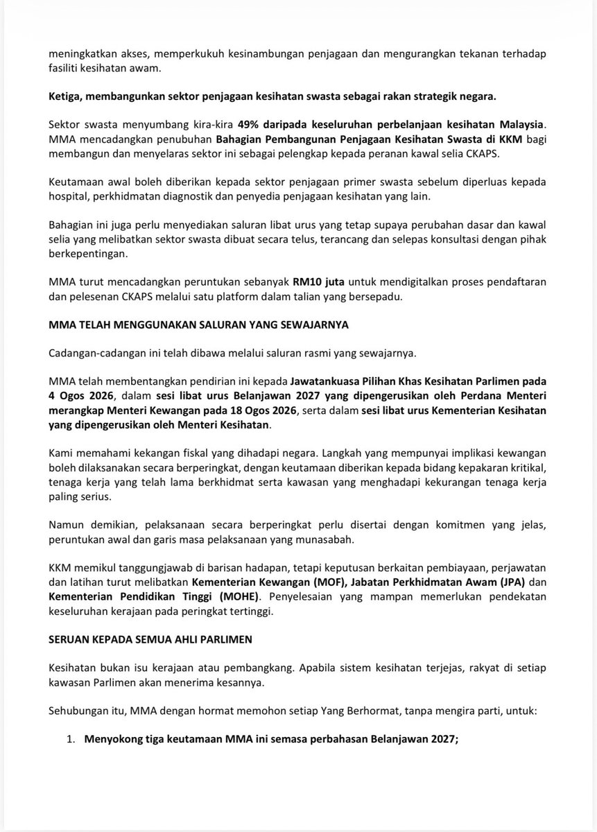 drarasu71's tweet photo. MMA on 7th Sept. ‘26 , has written individually to all 222 MPs, including the PMX @anwaribrahim , Opposition Leader @hamzahzainudin_ and Chairman of PAC Health  @suhaizankaiat , ahead of Budget 2027.

Our key ask is clear. Fund and retain the healthcare workforce.

KKM cannot solve this alone. MOF, JPA, MOHE and KKM must work together.

Health is not government or opposition. It affects every Malaysian.