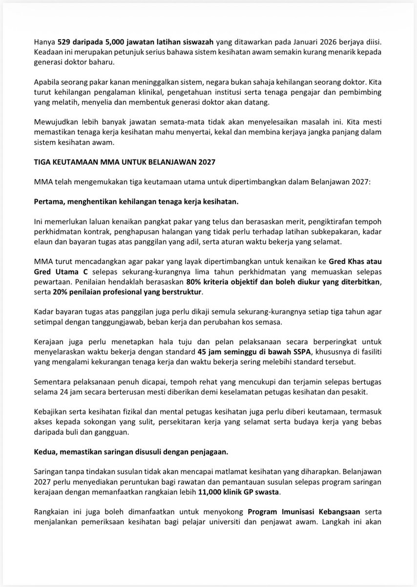 drarasu71's tweet photo. MMA on 7th Sept. ‘26 , has written individually to all 222 MPs, including the PMX @anwaribrahim , Opposition Leader @hamzahzainudin_ and Chairman of PAC Health  @suhaizankaiat , ahead of Budget 2027.

Our key ask is clear. Fund and retain the healthcare workforce.

KKM cannot solve this alone. MOF, JPA, MOHE and KKM must work together.

Health is not government or opposition. It affects every Malaysian.