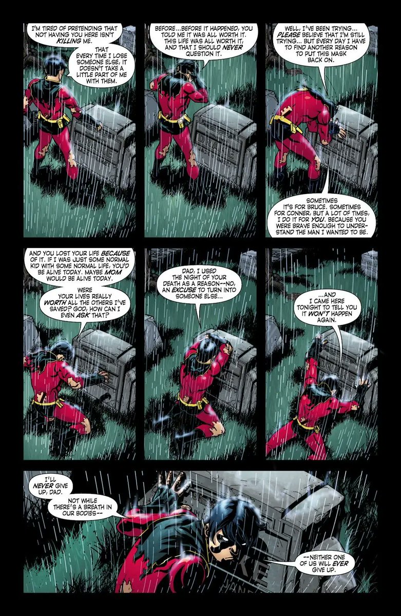 catoffscript's tweet photo. @Numbuh1NerdX @Babsfavorite Lol DC didn't have to cherry pick some panels because this was an entire era for Tim which led to Red Robin. He changed his colors when Superboy died. He was grieving, dark, and edgy. Like I said, this is One Year Later Tim which spanned from 2006-2009 to Red Robin https://t.co/YcasbrX5rc