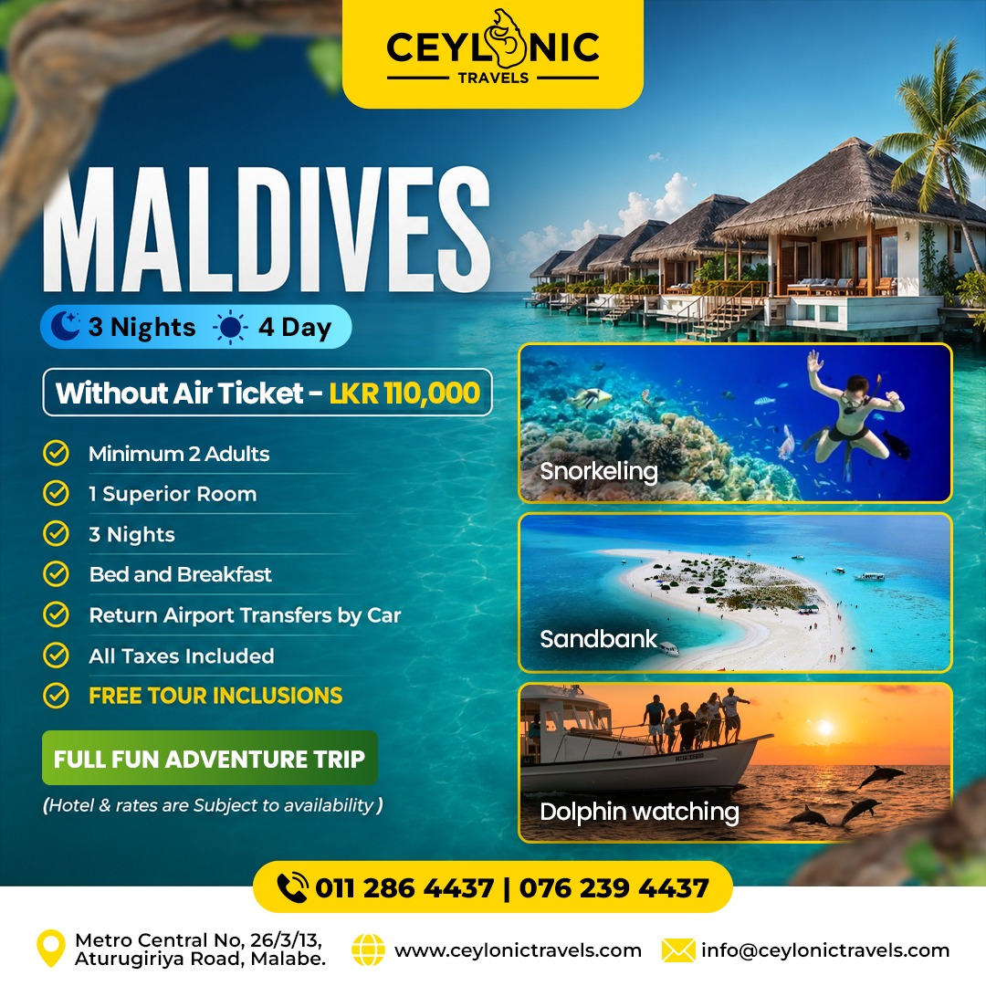 alpsozen's tweet photo. Escape to paradise in the Maldives. Enjoy 3 nights of beaches, snorkeling, sandbank adventures, and dolphin watching. 3 Nights | 4 Days
LKR 110, 000 without air ticket

Includes accommodation, breakfast, return airport transfers, taxes, and tour https://t.co/HA1HUWVznM