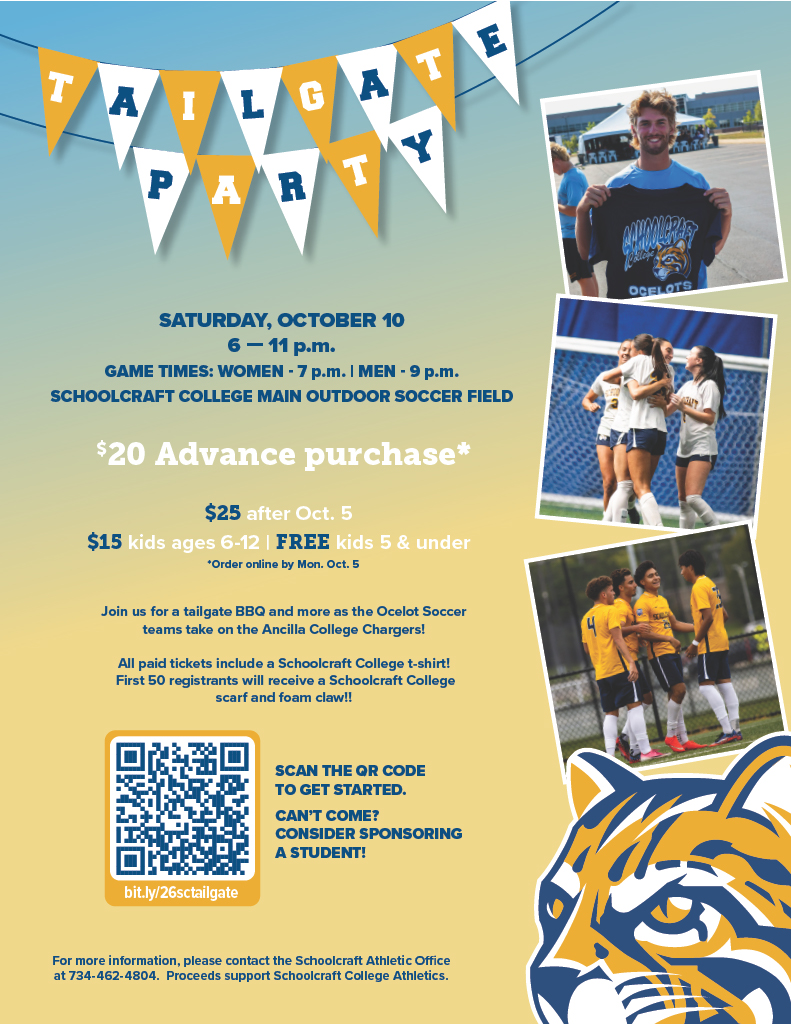 OcelotAthletics's tweet photo. There's still time to register for our annual Tailgate event next Sat. Oct. 10!
Come see the Schoolcraft Soccer teams in action under the lights and celebrate our Ocelot Pride⚽️💙💛
https://t.co/D4TIxkteBK https://t.co/J43zMXpzdK