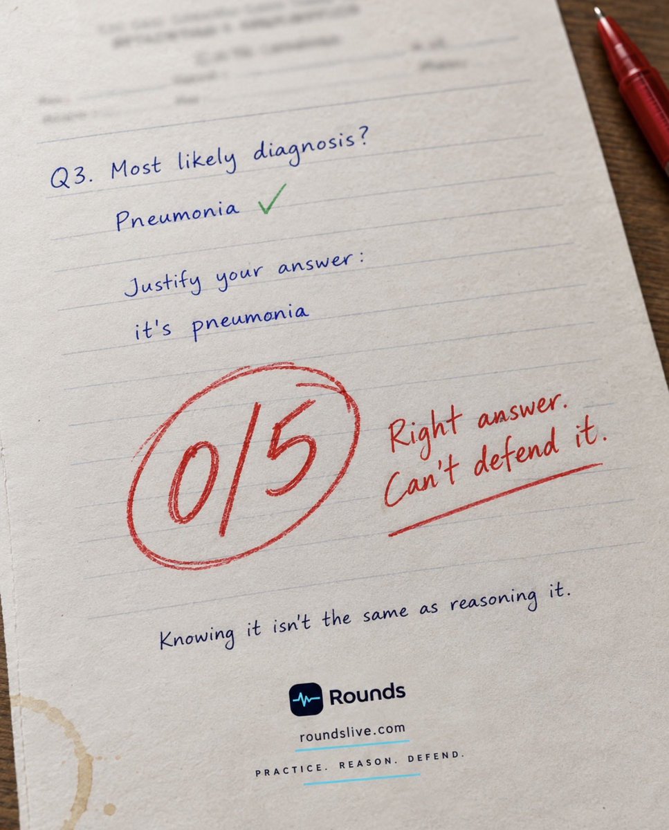 roundshq's tweet photo. You got the diagnosis right.

Still got 0/5.

Because “it’s pneumonia” is not clinical reasoning.

On Rounds, you don’t just give the answer.
You defend it.

Knowing the answer ≠ knowing why it’s the answer. https://t.co/foRzDHmDhm