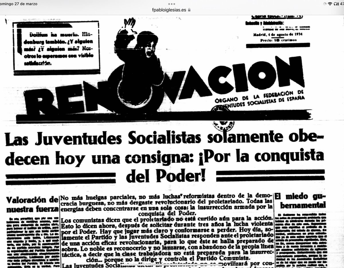 JoaqunRiveraCh1's tweet photo. Buenos días, madrugadores. 5 de octubre de 1934, tras la inclusión de 3 ministros de la CEDA en el Gobierno de Alejandro Lerroux, se inicia una sublevación en toda España liderada por una parte del Partido Socialista, con los diputados Largo Caballero e Indalecio Prieto como protagonistas.

La rebelión es sofocada rápidamente en las grandes ciudades. La CNT y la FAI deciden no unirse a la dirección socialista, aunque sí lo hacen comunistas y elementos del Bloque Obrero y Campesino. En Madrid, una de las primeras casas atacada es la del propio Julián Besteiro, de la corriente moderada del PSOE.

En Asturias, León y Palencia, en cambio, se consolida la Alianza Obrera, incluyendo anarquistas en la misma. El líder del Comité Revolucionario asturiano es González Peña, diputado socialista.

Columnas de mineros armados, incluso con piezas de Artillería, avanzan desde las cuencas hasta penetrar en la ciudad de Oviedo. La Guardia Civil y la de Asalto apenas pueden ofrecer resistencia al ser muy inferiores en número. Tendrán numerosas bajas los primeros días.

El Gobierno de la República reacciona preparando varias columnas del Ejército que converjan sobre Gijón y Oviedo. Tropas del Protectorado son embarcadas para ser enviadas a Asturias.

Durante dos semanas, el Comité Revolucionario asturiano pondrá en jaque al Gobierno de la República, llegando a controlar ñ parte de la provincia de Oviedo, incluida su capital. Las tropas enviadas desde León son detenidas en los pasos de montaña, y el general Bosch se ve obligado a establecerse en defensiva.

El ministro, a instancias de Gil Robles, llama a su lado, en calidad de asesor, al general jefe de la Comandancia de Baleares, Francisco Franco.l, haciendo de menos al jefe del Estado Mayor Central nombrado por Azaña, el general Masquelet.

Sobre el terreno, el jefe de la 3ª Inspección del Ejército, Eduardo López de Ochoa, comienza una ofensiva desde Galicia, mientras las tropas de África desembarcan en Gijón, al mando del teniente coronel Yagüe.

Las desavenencias entre ambos son manifiestas, así como la forma de entender la represión. Miles de revolucionarios son detenidos, algunos, sobre todo los que caen en manos de tropas regulares indígenas o fuerzas legionarias, será fusilados sin formación de causa. 

La rebelión se sofoca, Largo Caballero es detenido, también González Peña. Algunos militares que habían participado en la sublevación son condenados a muerte. 

El suceso tuvo graves consecuencias y contribuyó, aún más, a dividir a la sociedad y a los propios partidarios del régimen republicano. 

La victoria del afrenté Popular liberó a los miles de detenidos.