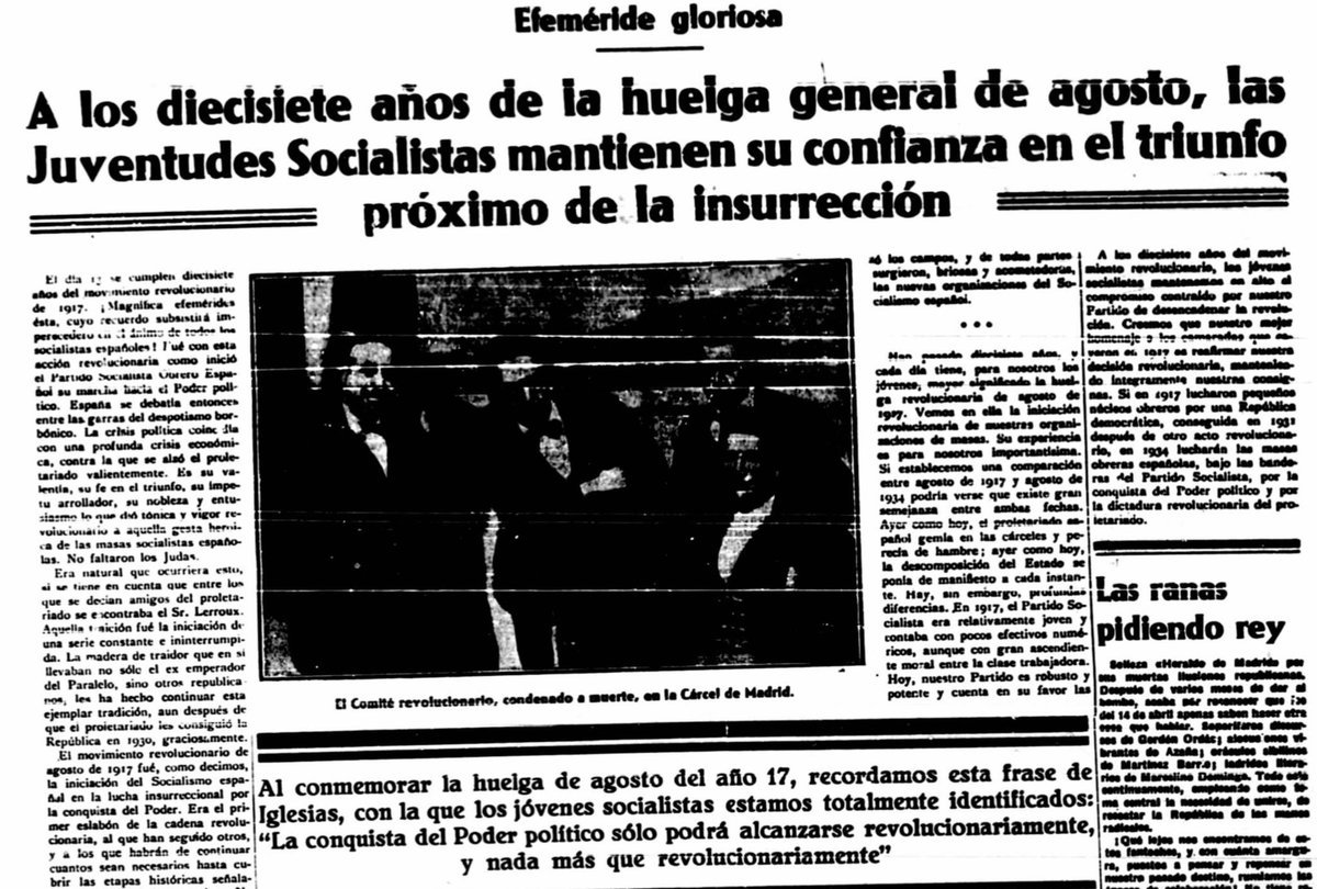 JoaqunRiveraCh1's tweet photo. Buenos días, madrugadores. 5 de octubre de 1934, tras la inclusión de 3 ministros de la CEDA en el Gobierno de Alejandro Lerroux, se inicia una sublevación en toda España liderada por una parte del Partido Socialista, con los diputados Largo Caballero e Indalecio Prieto como protagonistas.

La rebelión es sofocada rápidamente en las grandes ciudades. La CNT y la FAI deciden no unirse a la dirección socialista, aunque sí lo hacen comunistas y elementos del Bloque Obrero y Campesino. En Madrid, una de las primeras casas atacada es la del propio Julián Besteiro, de la corriente moderada del PSOE.

En Asturias, León y Palencia, en cambio, se consolida la Alianza Obrera, incluyendo anarquistas en la misma. El líder del Comité Revolucionario asturiano es González Peña, diputado socialista.

Columnas de mineros armados, incluso con piezas de Artillería, avanzan desde las cuencas hasta penetrar en la ciudad de Oviedo. La Guardia Civil y la de Asalto apenas pueden ofrecer resistencia al ser muy inferiores en número. Tendrán numerosas bajas los primeros días.

El Gobierno de la República reacciona preparando varias columnas del Ejército que converjan sobre Gijón y Oviedo. Tropas del Protectorado son embarcadas para ser enviadas a Asturias.

Durante dos semanas, el Comité Revolucionario asturiano pondrá en jaque al Gobierno de la República, llegando a controlar ñ parte de la provincia de Oviedo, incluida su capital. Las tropas enviadas desde León son detenidas en los pasos de montaña, y el general Bosch se ve obligado a establecerse en defensiva.

El ministro, a instancias de Gil Robles, llama a su lado, en calidad de asesor, al general jefe de la Comandancia de Baleares, Francisco Franco.l, haciendo de menos al jefe del Estado Mayor Central nombrado por Azaña, el general Masquelet.

Sobre el terreno, el jefe de la 3ª Inspección del Ejército, Eduardo López de Ochoa, comienza una ofensiva desde Galicia, mientras las tropas de África desembarcan en Gijón, al mando del teniente coronel Yagüe.

Las desavenencias entre ambos son manifiestas, así como la forma de entender la represión. Miles de revolucionarios son detenidos, algunos, sobre todo los que caen en manos de tropas regulares indígenas o fuerzas legionarias, será fusilados sin formación de causa. 

La rebelión se sofoca, Largo Caballero es detenido, también González Peña. Algunos militares que habían participado en la sublevación son condenados a muerte. 

El suceso tuvo graves consecuencias y contribuyó, aún más, a dividir a la sociedad y a los propios partidarios del régimen republicano. 

La victoria del afrenté Popular liberó a los miles de detenidos.