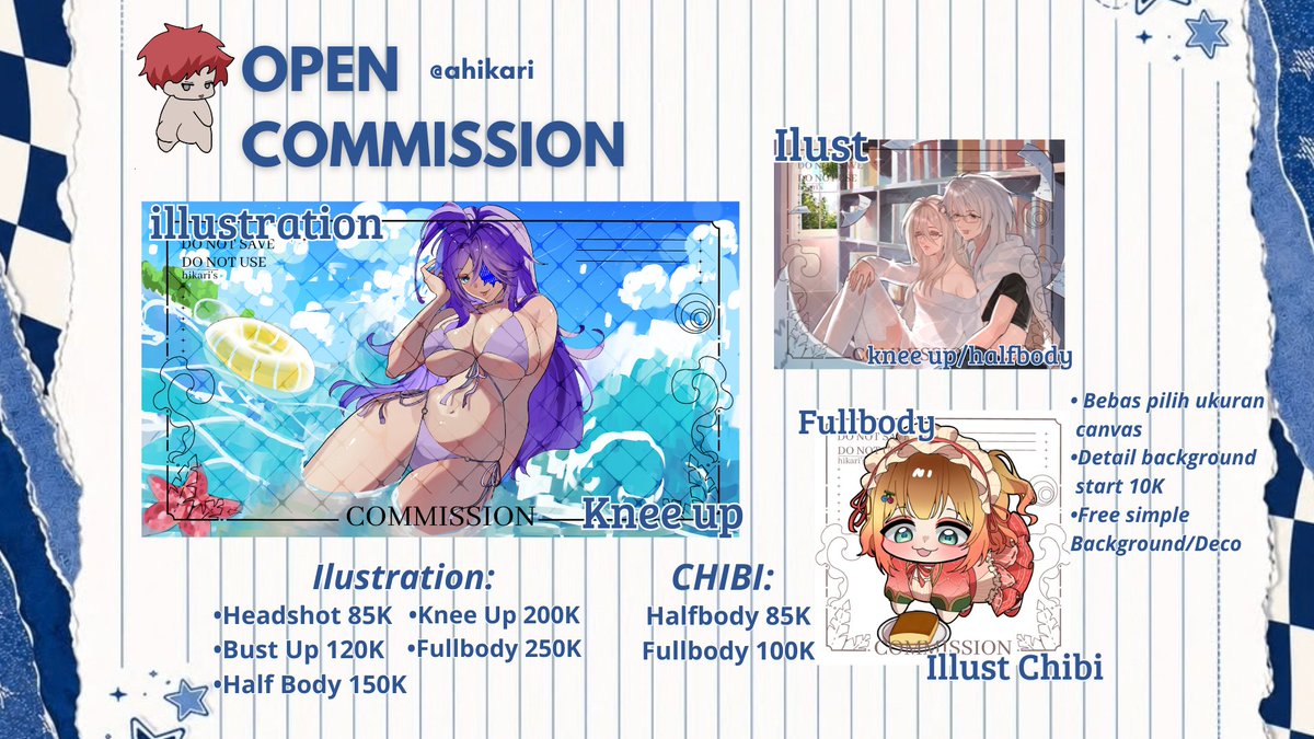 ahikari_'s tweet photo. OPEN COMMISSION (lokal saja)

alloo, aku buka commis art seperti ini. Jika tertarik 
just hit my DM.
Mention me after dm
♡ + ↻ are highly appreciated! Thank you so much 💗

#zonauang #opencommission #commissionopen #artidn https://t.co/uusVdzTfkc