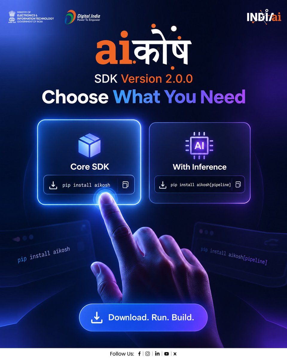 OfficialINDIAai's tweet photo. Choose the AIKosh setup that fits your workflow.

Use the core installation for accessing AIKosh assets, or install the pipeline option when you want to run AI inference.

https://t.co/jJZkx7D0KI

#AIKosh #IndiaAI #Python #AI #MachineLearning #OpenSource 

@AshwiniVaishnaw @JitinPrasada @SecretaryMEITY @sudeep_tweets @_DigitalIndia @GoI_MeitY @mygovindia