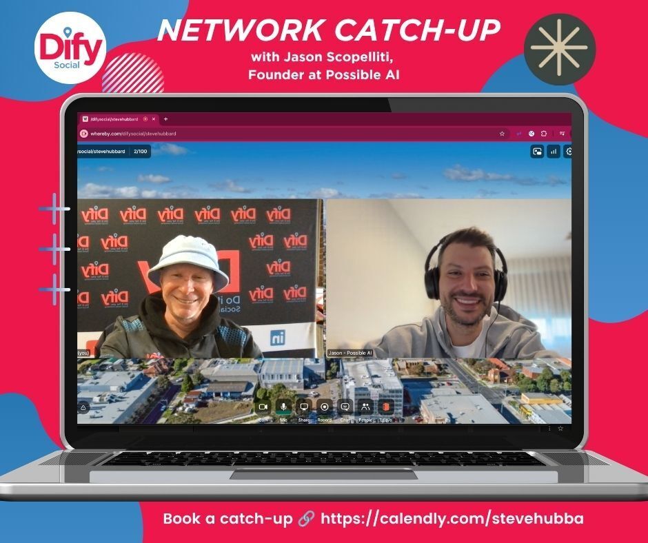 DifySocial's tweet photo. Another good business conversation today, this time with Jason Scopelliti from Possible AI 🤖🖥️ 

Be like Jason and book a catch-up with Steve via Calendly 📅 https://t.co/QOy4PL875E

#businessnetworking #referrals #socialmediamarketing #DIFYSocial https://t.co/HtQHUbOUU1
