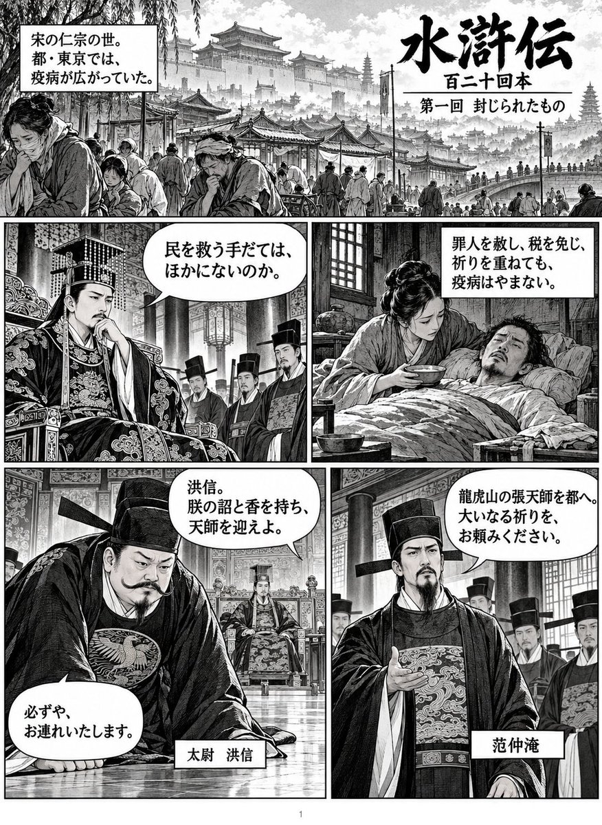 kekoyana's tweet photo. ChatGPT dotsで水滸伝のマンガを書かせてみてる。なんか淡々としていてマンガ北宋の歴史みたいなノリ https://t.co/ekAARskkcE