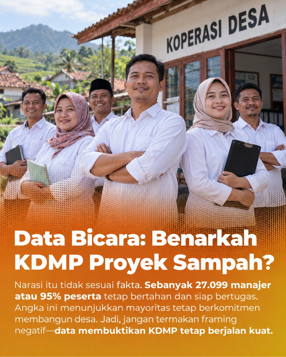 ismailekan's tweet photo. Data bicara lebih jelas daripada framing. 27.099 manajer atau 95% peserta tetap bertahan dan siap bertugas. Jangan nilai program hanya dari yang mundur—lihat mayoritas yang tetap berkomitmen membangun desa.
#KDMPTerpercaya https://t.co/8fepXdww0N