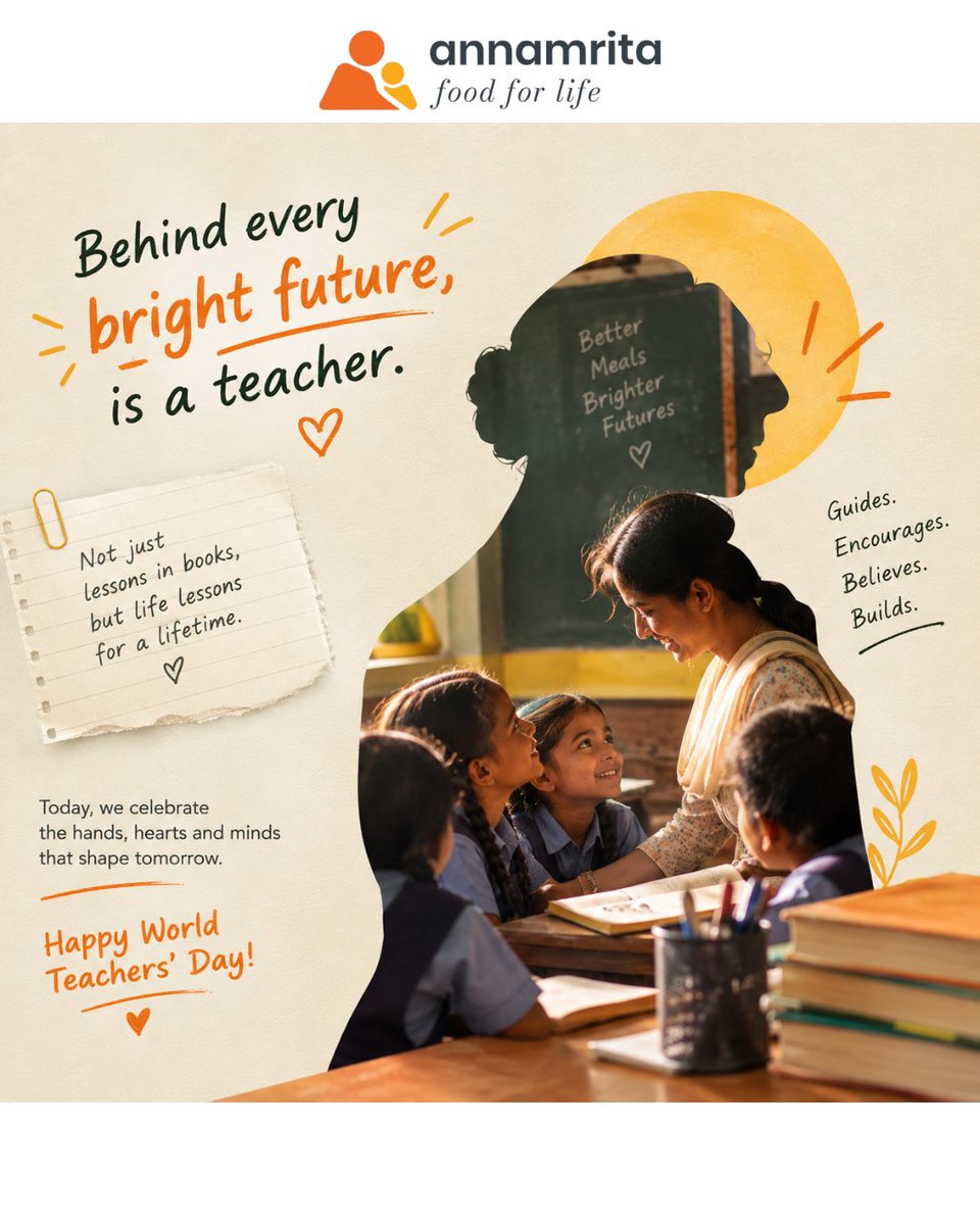 AnnamritaISKCON's tweet photo. Behind every bright future is a teacher who believed first. At Annamrita, we support educators by ensuring hunger never stands in the way of learning. Today, we honour those who shape tomorrow. Happy World Teachers’ Day!
#WorldTeachersDay #Annamrita #FoodForLife #ChildNutrition https://t.co/VvtLoPUupr