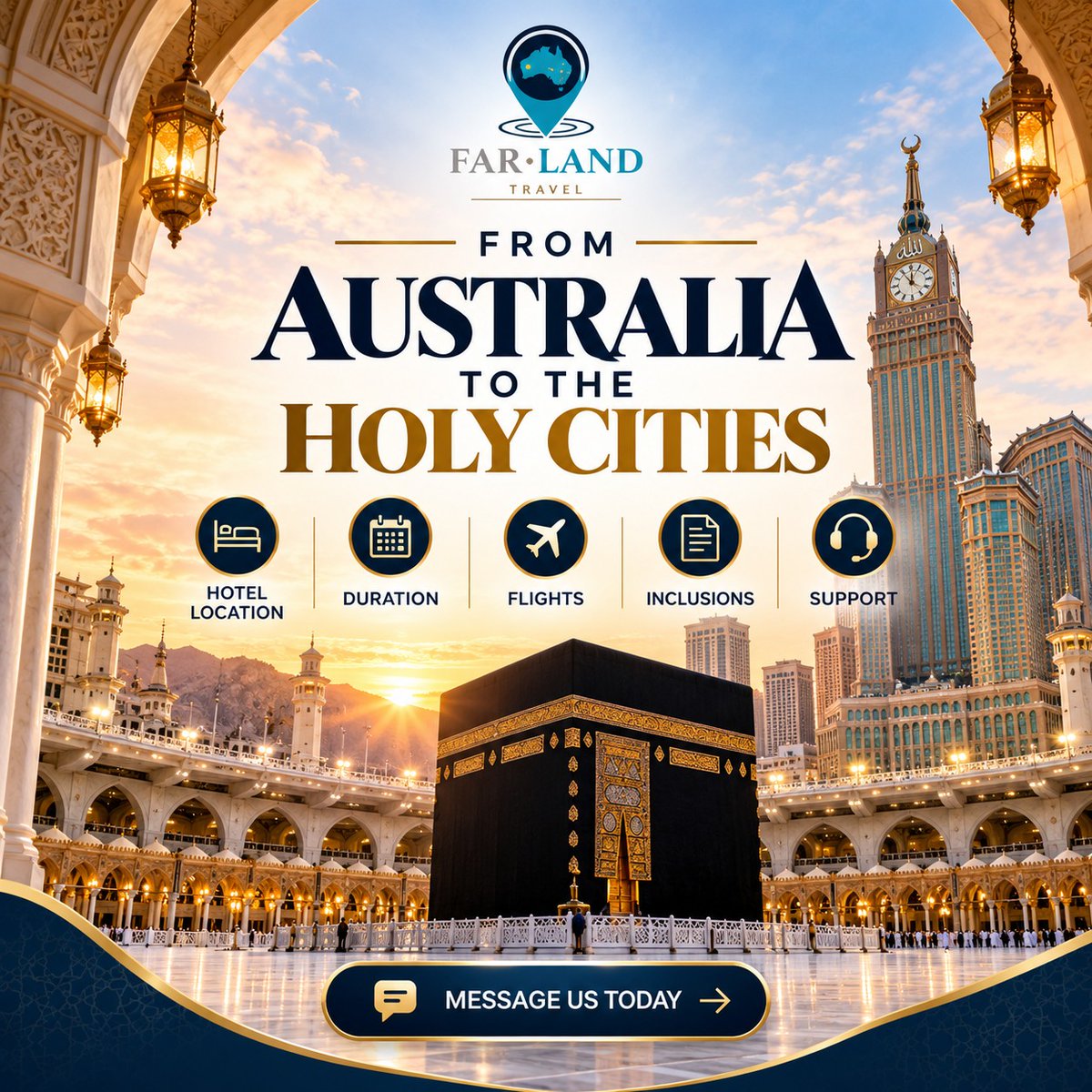 dayis1210's tweet photo. From Australia to the Holy Cities, plan your Umrah with confidence. Farland Travel can help with flights, hotel locations, package inclusions, and travel support for a meaningful journey. Message us to discuss your plans. https://t.co/heiMhxnK79
