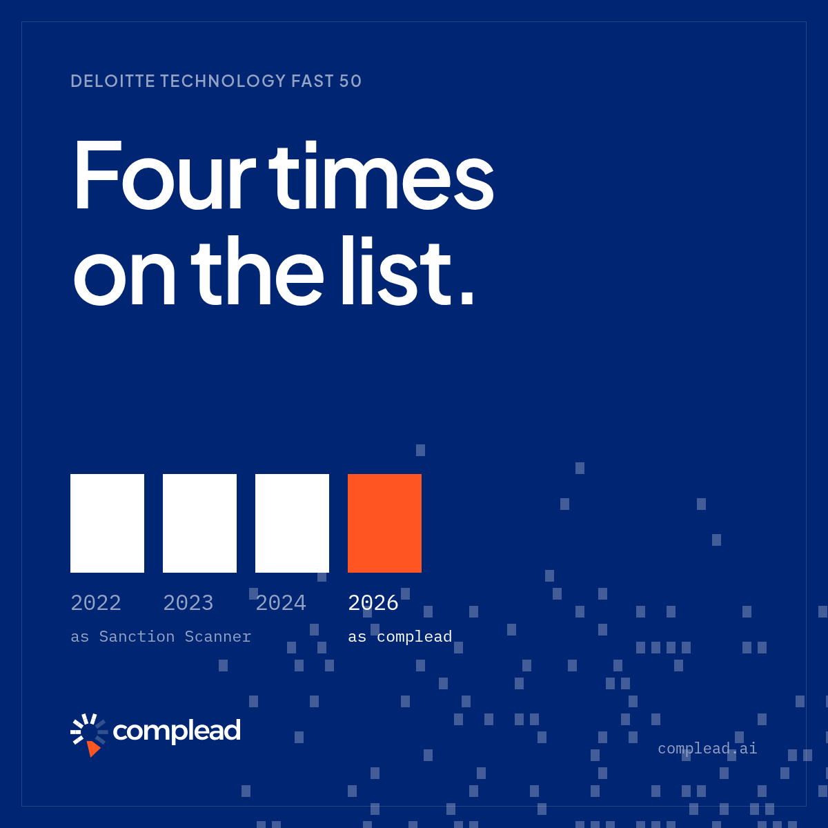 complead_'s tweet photo. Four times on the Deloitte Technology Fast 50: 2022, 2023, 2024 and now 2026 under our new name. Thank you to our customers and our team.
https://t.co/3ERnWipCWi
#DeloitteFast50 #RegTech https://t.co/Bcmb5jkGbN