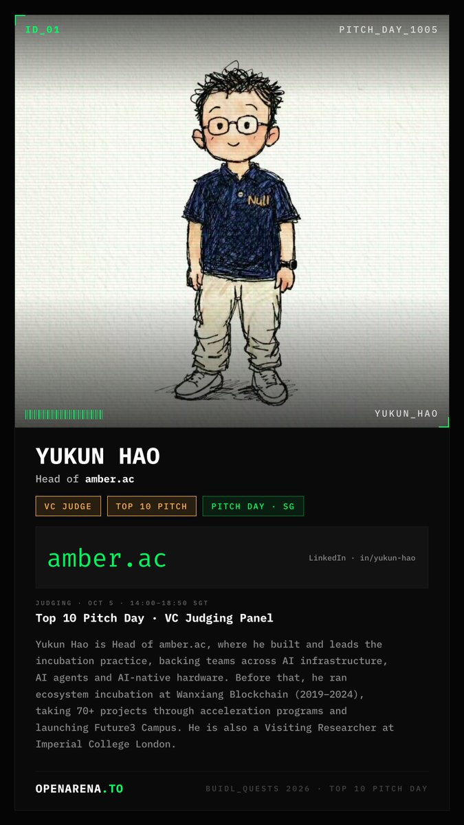 OpenArena_To's tweet photo. Meet @YFYkuner — VC judge, Top 10 Pitch.

Head of @amber_ac_. Closed door, invite only.

Oct 5 · 14:00–18:50 SGT

Open seats are Oct 6 ↓
https://t.co/iz2RgLByJh
https://t.co/HETB0CkPzm https://t.co/DMfz4eRx9U