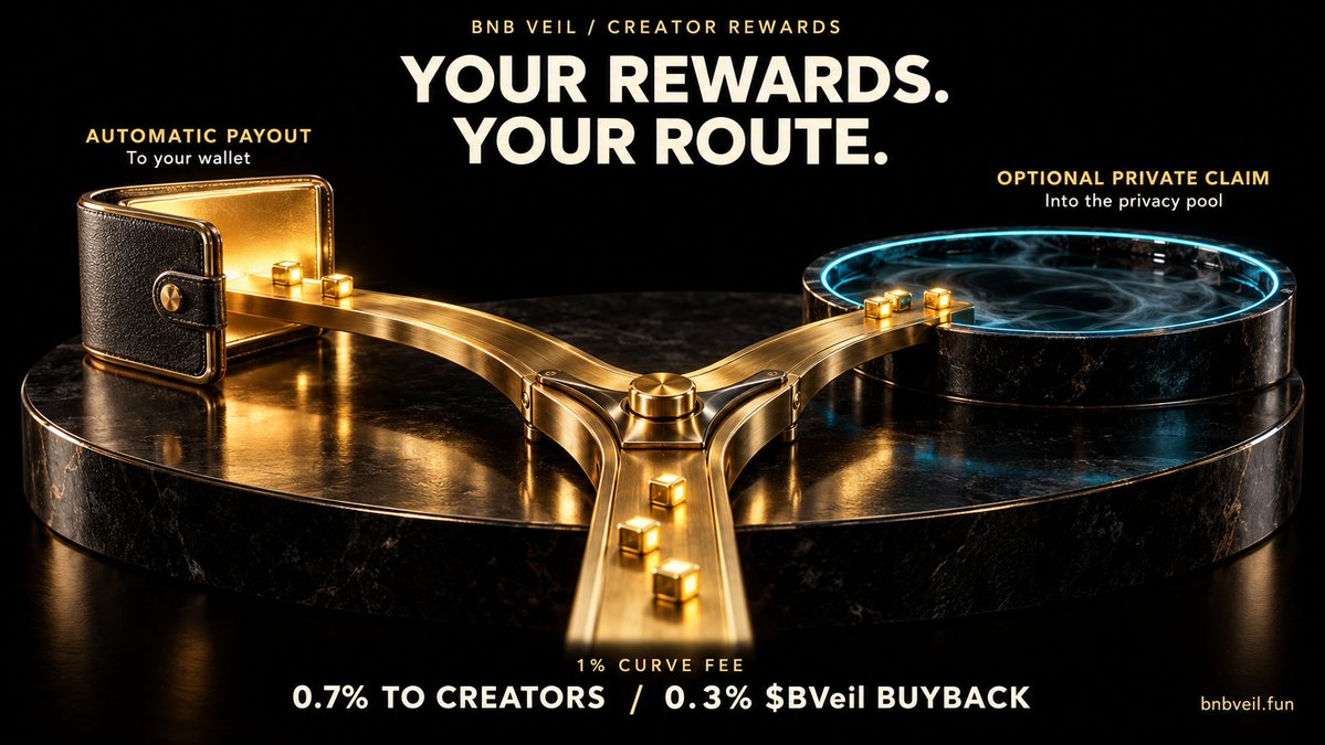 BNBVeil's tweet photo. Creator rewards are live on BNB Veil, with an optional private claim 🟡

Launch a token on https://t.co/YYDyzoRrY2 and earn from every trade on its bonding curve.

The 1% curve fee splits:
• 0.7% → the token creator
• 0.3% → buys back $BVeil
• After graduation to PancakeSwap: 0 fee

Two ways to receive:

1) Default: automatic payout to your creator wallet (or any address you set by signing a message). Paid every 4 hours once you're owed ≥ 0.01 BNB. No claim tx, no gas.

2) Private claim (optional): open your token page → connect the creator wallet → unlock your private vault → sign once.
Rewards are then deposited into the BNB Veil privacy pool in standard lots, and only your vault holds the secrets. When you want the BNB, use "Withdraw BNB to a new address": a ZK proof, submitted by the relayer, so the withdrawal can't be matched to the deposit on-chain.

Fully on the books:
• Every token page shows curve fees and creator earned / paid / pending, with tx links
• Docs → Buybacks & rewards shows the buyback ledger
• Buybacks wait until 0.1 BNB builds up, so gas and tax stay small

Tokens launched before today get back-pay automatically.

Launch → https://t.co/YYDyzoRrY2
