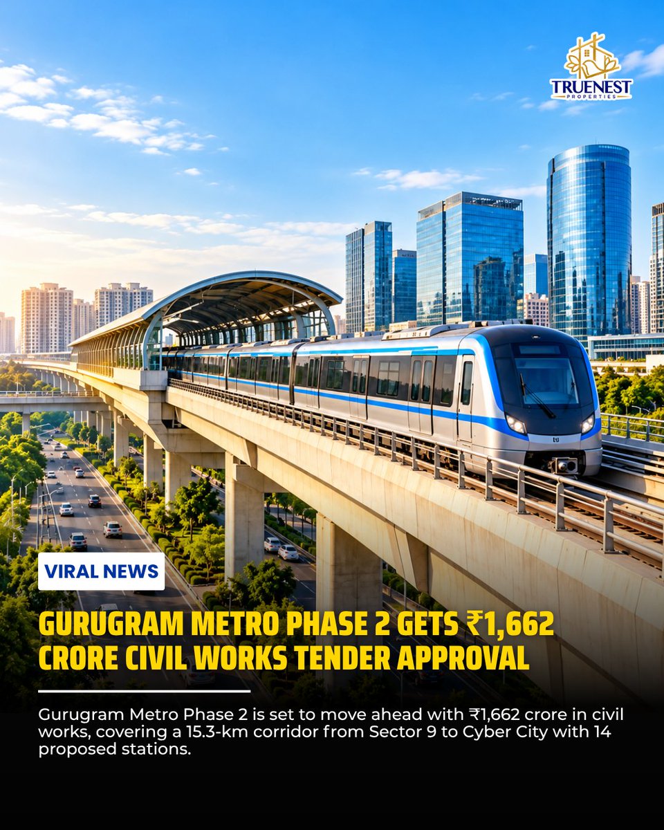 TrueNestPvtLtd's tweet photo. 🚇 Gurugram Metro Phase II gets ₹1,662-cr push! 

The 15.3-km corridor with 14 stations will boost connectivity across Old Gurugram, Palam Vihar &amp; Cyber City, linking with Rapid Metro and Namo Bharat. 🚉

#GurugramMetro #Infrastructure https://t.co/KtugRLbrhz