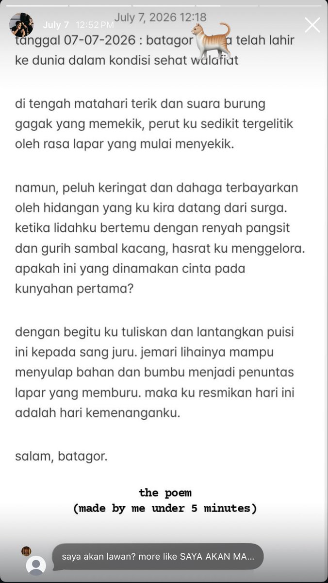 poettoearth's tweet photo. sendernya kagak tau aja gua pernah nulis puisi tentang batagor buatan room mate gua tanpa pengaruh alkohol selama lima menit live di depan orangnya no ai no edit dan gua bacain dengan nada penyair pujangga abad pertengahan. https://t.co/Fv0kCcJVj4