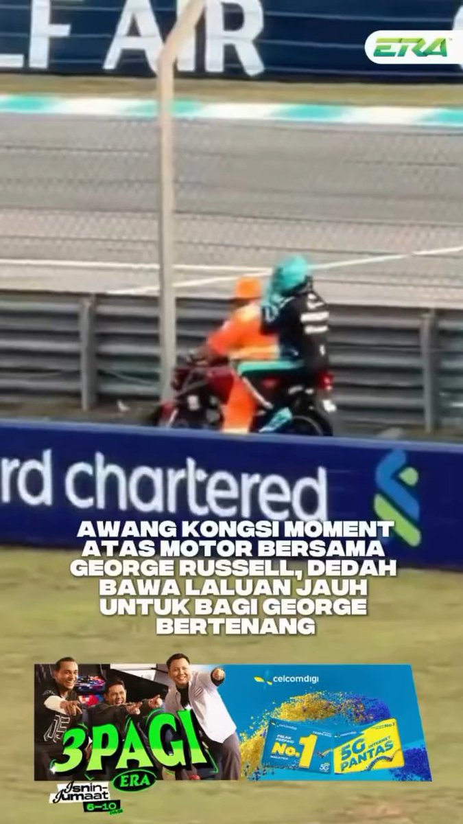 russyrax's tweet photo. The marshals who brought George on the motorbike after the DNF share his stories.

Q: Everyone knows DNF means Did Not Finish, right? Basically just taking the driver from where their car broke down and getting them back to the garage.

: I went over and told him, "It's okay bro, next time will be better." He just kept his head down listening. Later when he got on the bike, he was still looking at me with his head drooping. I thought to myself, ugh, maybe I should take a detour. Just let him cool off for a bit, calm down, and drive slowly back behind the pit lane.

Q: Did he hug your waist?

:Nope. People said he looked super drained, like he was trying hard to stay strong but also holding back tears, not even knowing where to put his hands. That’s pretty much how it went.

Q: Was that an order from above to pick him up? Or did you see it was Russell and wonder if he might snap at you?

:His state really wasn't great at the moment. Since I'm a track motorcycle patrol officer under the captain, whenever we see a driver or a car having issues, we have to respond immediately and rush over. As for instructions, I'm part of the Bahrain crew, so my supervisor pointed out exactly where Russell's car was. Even if I had to go handle it, I needed to park in a good spot next to him and help him onto the bike.k
