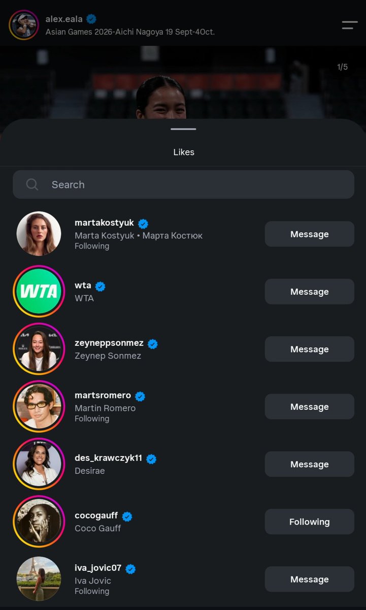 srslythisisleah's tweet photo. So happy to see that my faves have liked this picture of Alex Eala too (Marta Kostyuk, Zeynep Sonmez, Coco Gauff, Des Krawczyk, and Iva Jovic!!!!) 🩷🇵🇭 https://t.co/iWtAfoQkwC