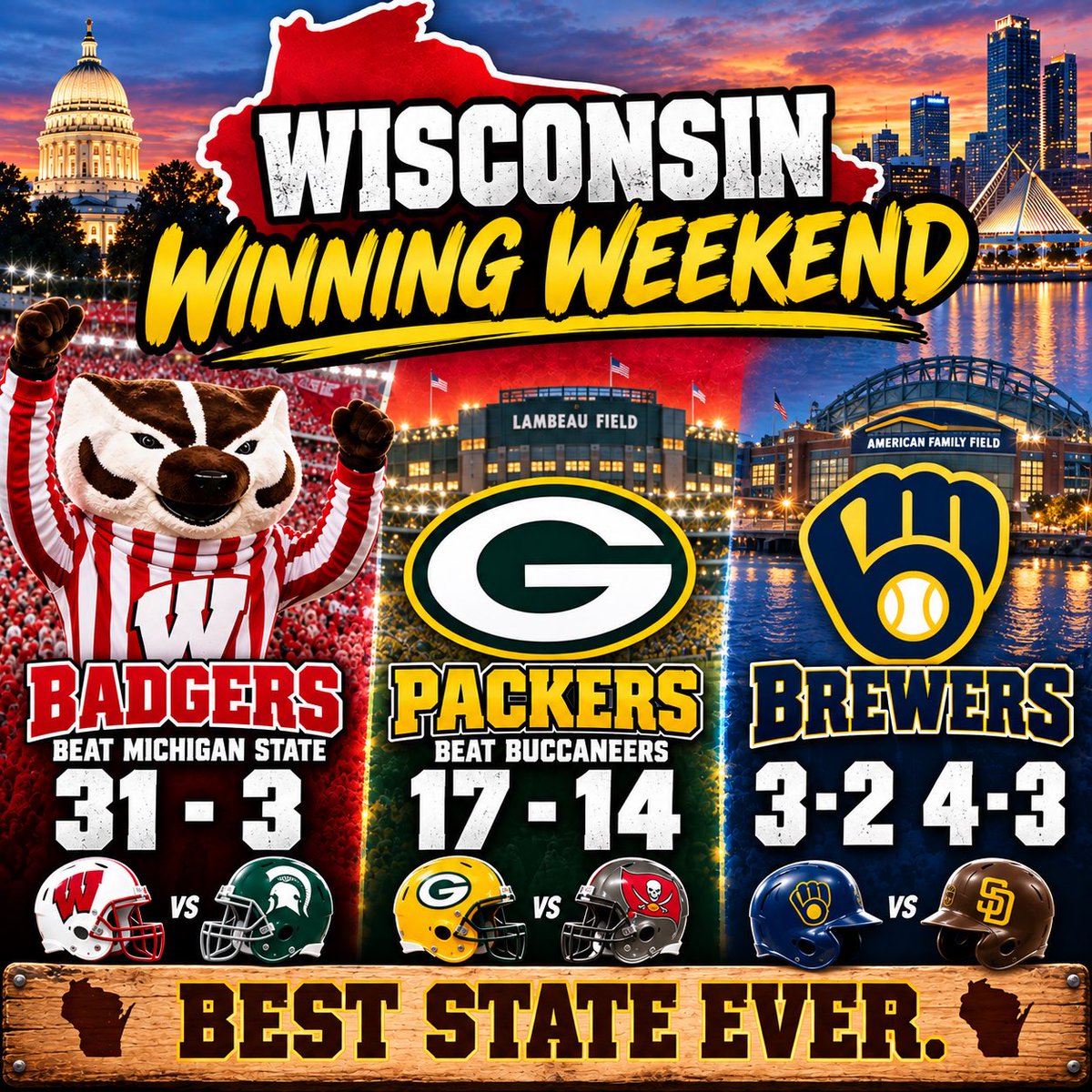 vincevitrano's tweet photo. So… how did we enjoy the sports this weekend? 😁 What’s your favorite win? https://t.co/e31NivA7za