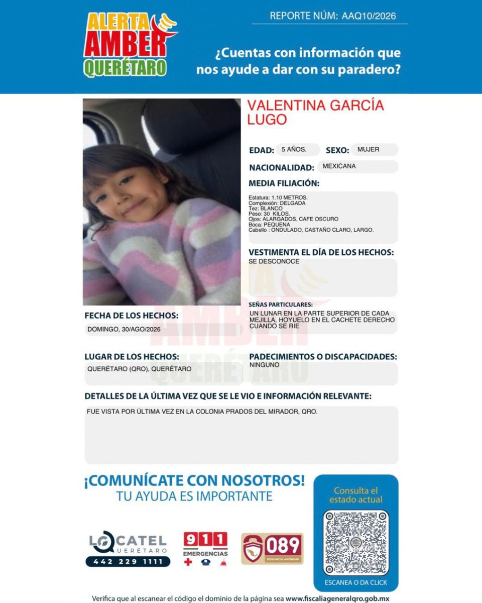 fiscaliaqro's tweet photo. Se ha prorrogado la #AlertaAMBER para la localización de VALENTINA GARCÍA LUGO.

¿Cuentas con información que nos ayude para localizarla? Comunícate a Locatel al 442 229 111, al número de emergencias al 911 y de manera anónima al 089.

#Conectar
#QueLaRedNosAcerque #ParaQueNadieHagaFalta