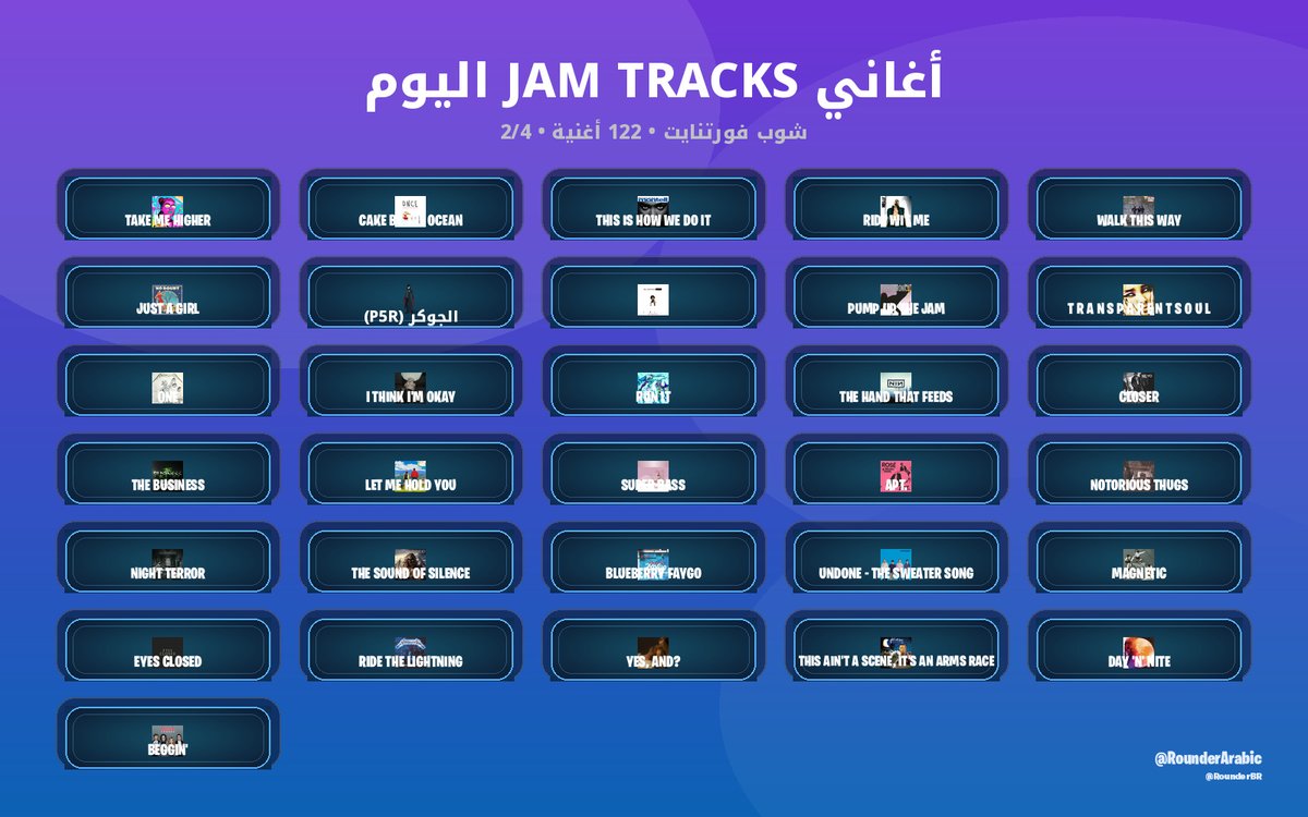 RounderArabic's tweet photo. أغاني Jam Tracks اليوم 🎵

موجود 122 أغنية في الشوب.

#فورتنايت https://t.co/lmNNljzwaT