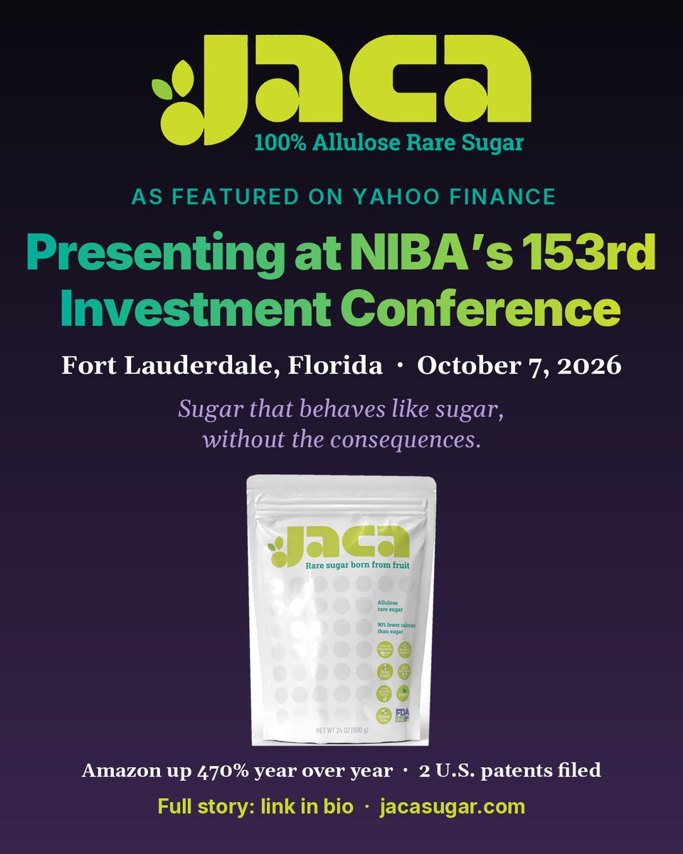 peteferrari28's tweet photo. https://t.co/rCagmORFLI

Excited to take the stage at NIBA's 153rd Investment Conference in Fort Lauderdale on October 7, and Yahoo Finance just picked up the news.

Jaca: sugar that behaves like sugar, without the consequences. Amazon up 470% year over year, two U.S. patents filed, independent due diligence complete.

In Fort Lauderdale on the 7th? Come see us in the one on one room. Full story in the link.

#InvestmentConference #jacasugar #RareSugar #allulose #sugarfreelife #healthyliving #keto #founder #entrepreneurship #Startups #investing