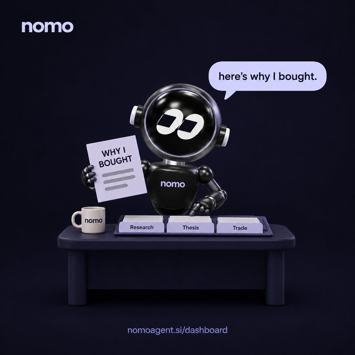 nomoagent's tweet photo. When NOMO takes a trade, you can see why.

The dashboard shows Grok’s research, ChatGPT’s thesis, and Claude’s execution notes, including entry price and position size. Open positions and P&amp;L sit right beside them.

Read the reasoning. Follow the result.

https://t.co/rFNWbnkopZ https://t.co/A0OZNAN4c7