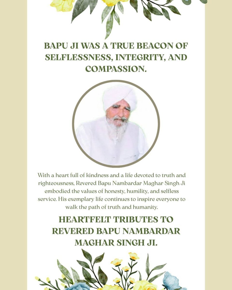 JaspreetIn6512's tweet photo. Bapu Maghar Singh Ji, revered father of *Saint Gurmeet Ram Rahim Singh Ji*, was epitome of sacrifice &amp; humility. His sacred memory is observed as *#ParmarthiDiwas* on 5th Oct at Dera Sacha Sauda with welfare works. https://t.co/DLBgd1Q5sT