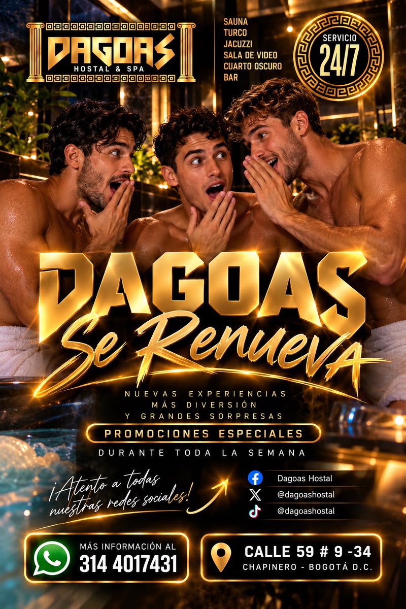 DagoasHostal's tweet photo. ✨ DAGOAS SE RENUEVA ✨

Algo nuevo está comenzando… y queremos que seas parte de ello. 🔥

Nos renovamos para traerte nuevas experiencias, más diversión, promociones especiales y muchas sorpresas durante toda la semana.

👀 Muy atento a nuestras redes sociales, porque estaremos anunciando todo lo que viene. Y créenos… vas a querer enterarte.

#Dagoas #DagoasSeRenueva #Chapinero #Bogotá #Promociones #Dagoasspa #Saunabogota