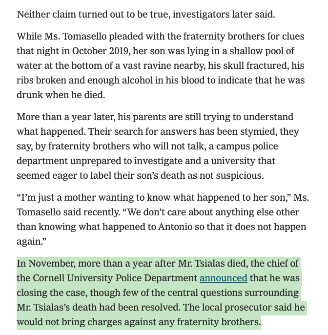 thellama451's tweet photo. #Cornell freshman Antonio Tsialas was found dead in 2019 after attending a Phi Kappa Psi hazing party. Frat members wouldn't help investigators, Cornell PD closed the unsolved case a year later, and DA Van Houten (yup, same guy) said he wasn't going to file any charges. https://t.co/jqUINBFTGY