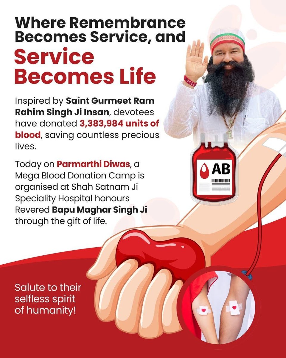 Nehainsan25's tweet photo. Every year on 5th October, Dera Sacha Sauda organizes a blood donation camp to help the needy people. This camp is organized as a tribute to Bapu Maghar Singh Ji, the revered father of Saint Gurmeet Ram Rahim Ji. #ParmarthiDiwas https://t.co/gbUO2SFuvb