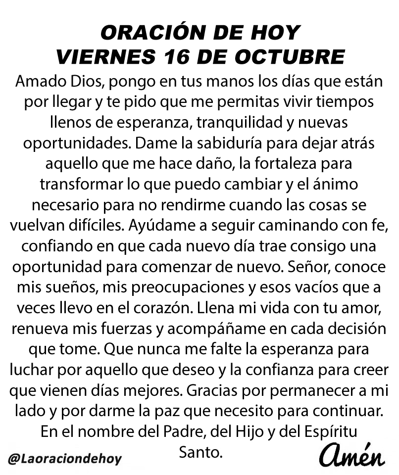 laoraciondehoy's tweet photo. Oración diaria para hoy viernes 16 de octubre de 2026. https://t.co/rz0SFvXA9H